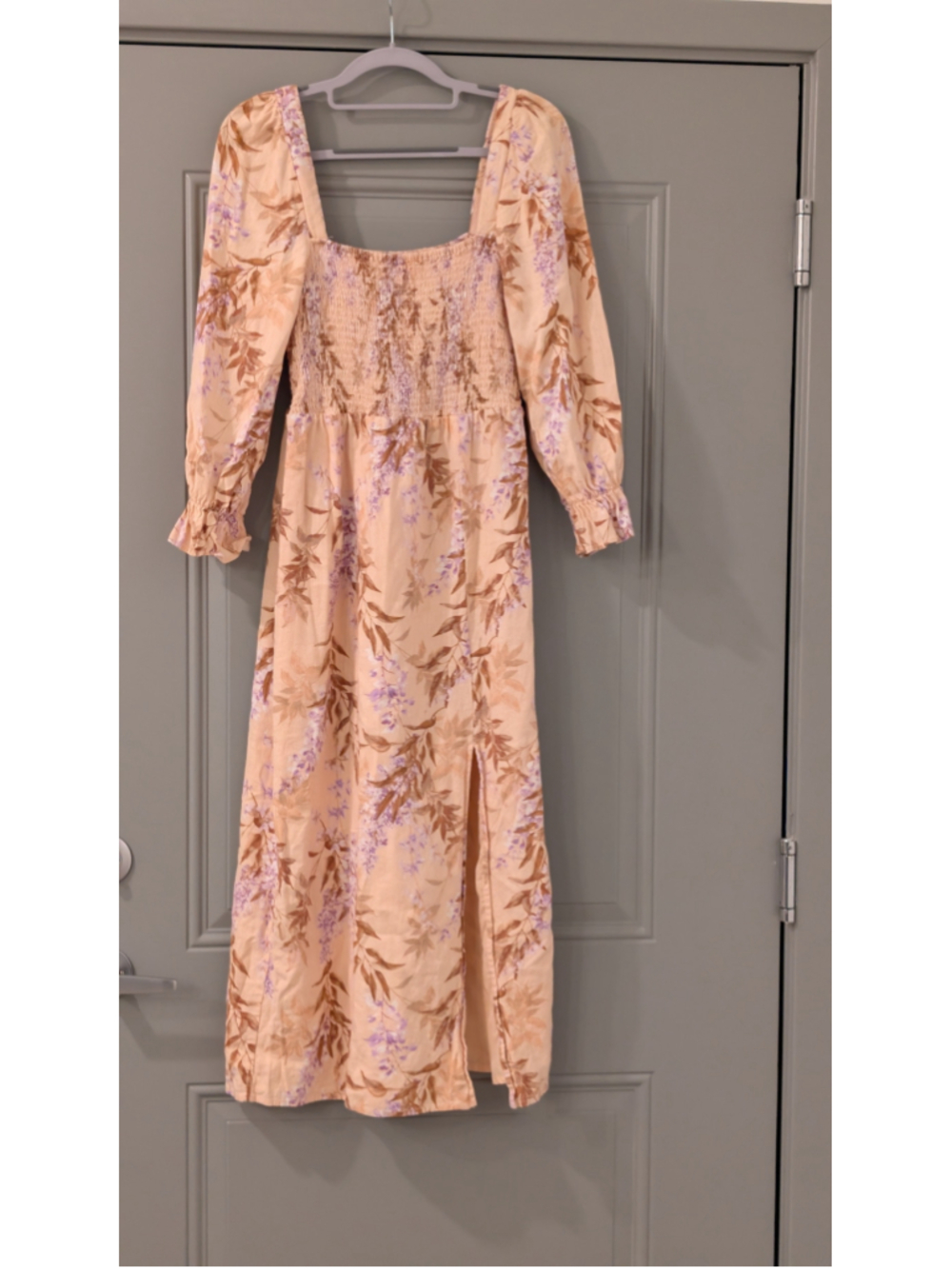 House of Harlow 1960 Peach Floral Linen Blend Smocked Midi Dress Size Small